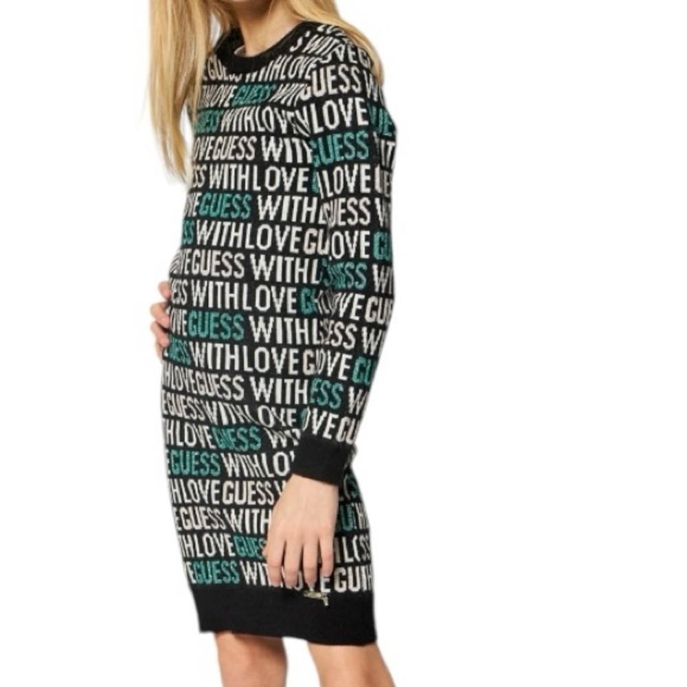 Guess Sweater Dress Logo Spell Out Black White Green With Glitter Sz 14 - Picture 1 of 9
